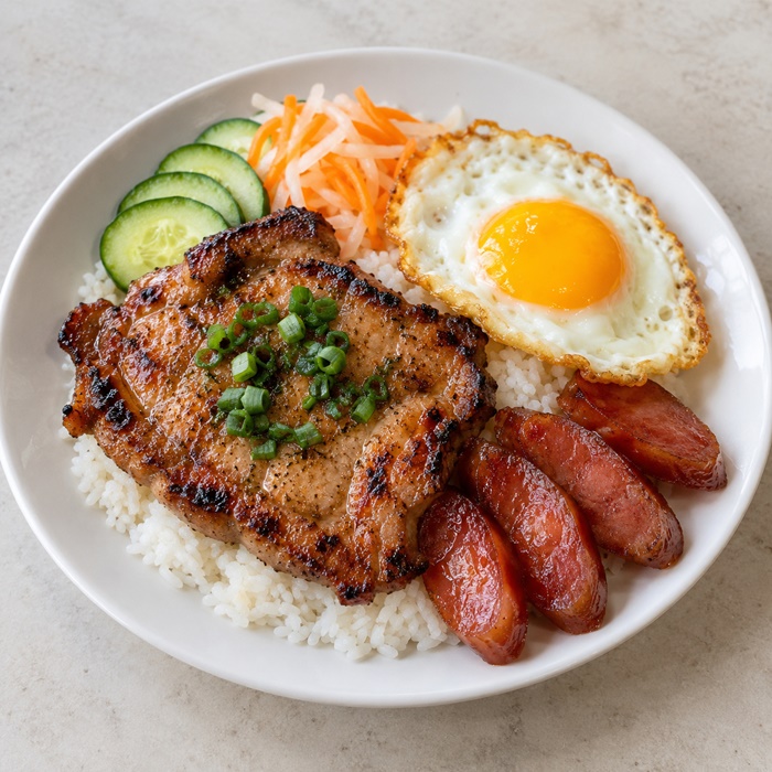 Grilled pork chop with sausage and fried egg served over white rice