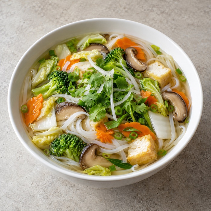 Pho Chay vegetarian Vietnamese noodle soup with mixed vegetables